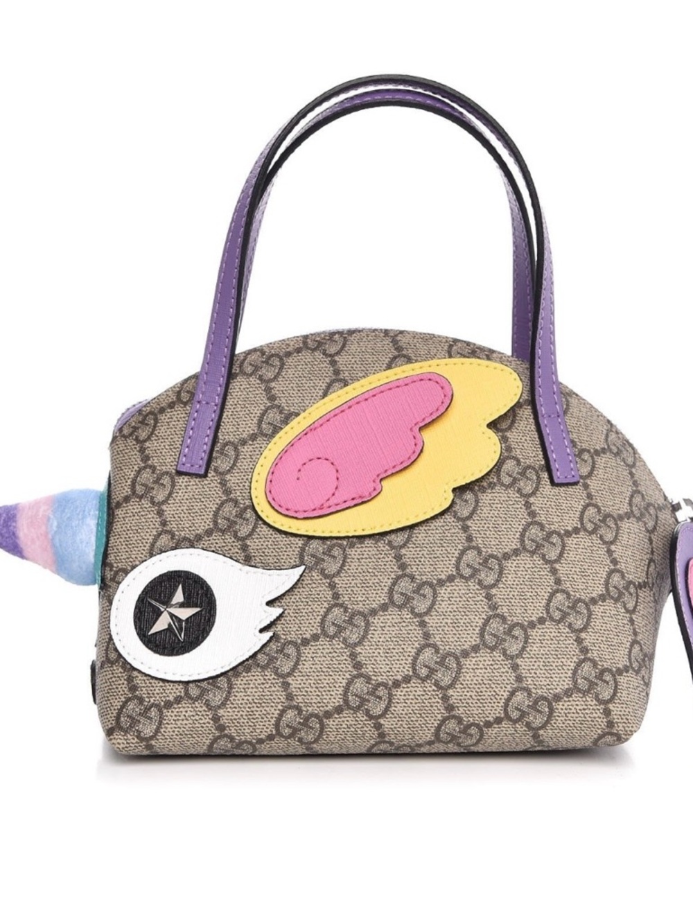Gucci Beige GG Supreme Mini Dome Satchel with Purple Trim and Colorful Appliqués - Picture 2 of 9